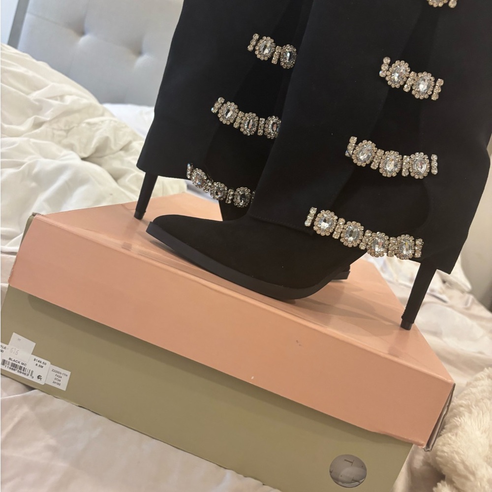 Black Stiletto Boots with Rhinestone Accents